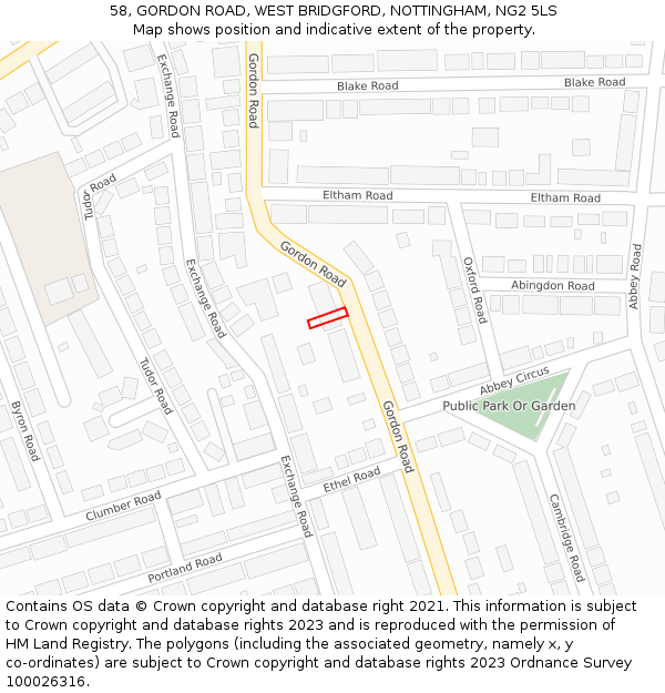 58, GORDON ROAD, WEST BRIDGFORD, NOTTINGHAM, NG2 5LS: Location map and indicative extent of plot