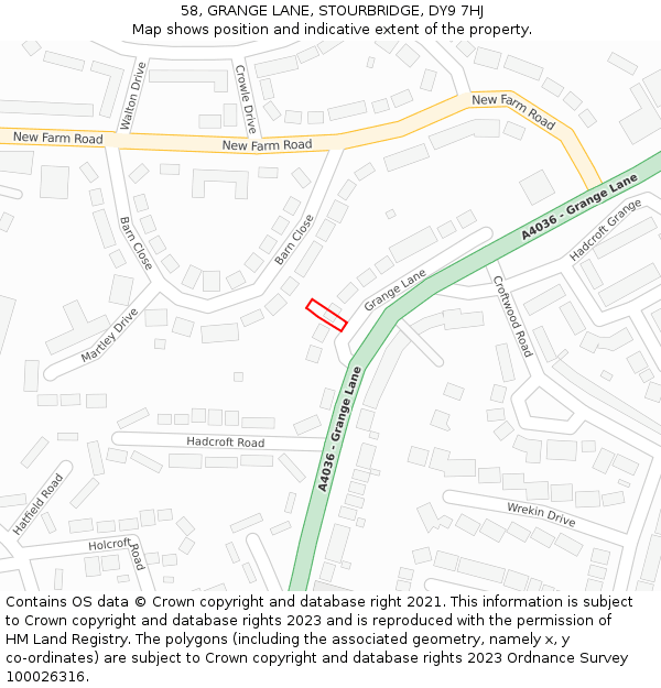 58, GRANGE LANE, STOURBRIDGE, DY9 7HJ: Location map and indicative extent of plot