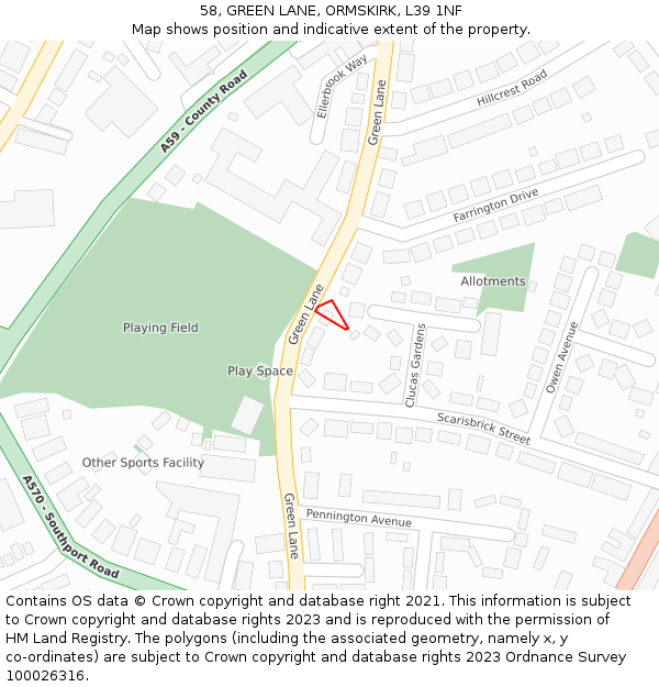 58, GREEN LANE, ORMSKIRK, L39 1NF: Location map and indicative extent of plot