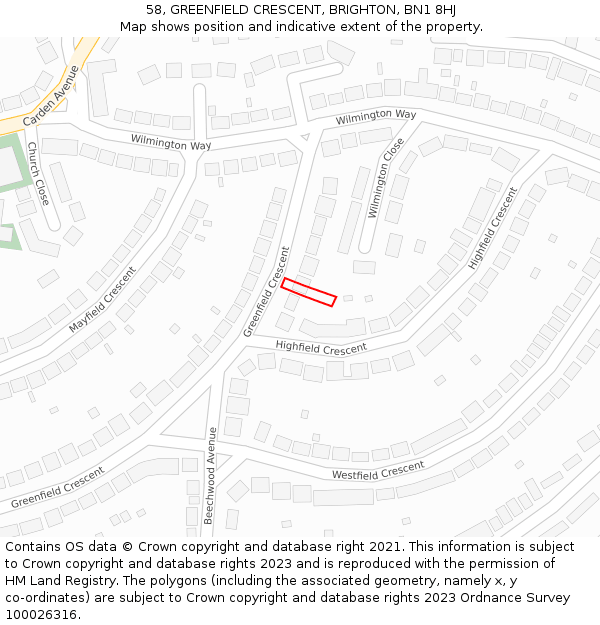 58, GREENFIELD CRESCENT, BRIGHTON, BN1 8HJ: Location map and indicative extent of plot