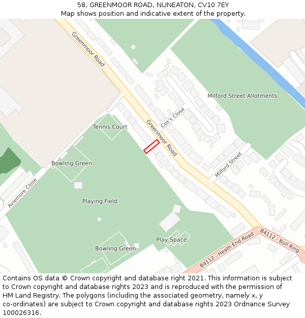 58, GREENMOOR ROAD, NUNEATON, CV10 7EY: Location map and indicative extent of plot