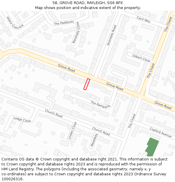 58, GROVE ROAD, RAYLEIGH, SS6 8PX: Location map and indicative extent of plot