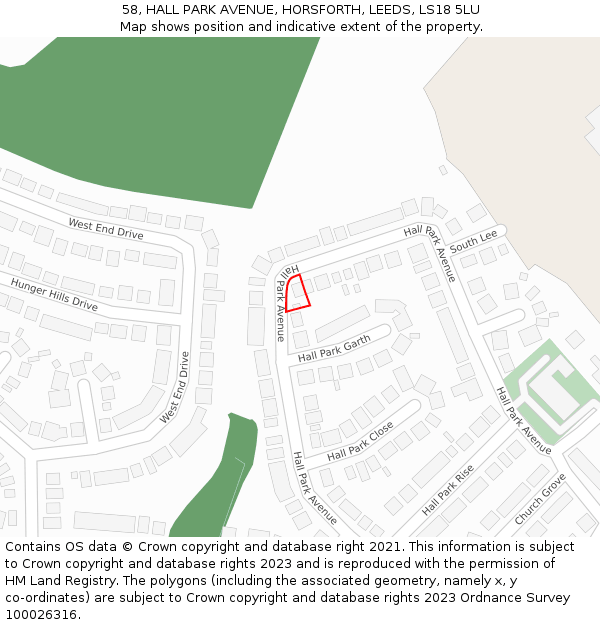 58, HALL PARK AVENUE, HORSFORTH, LEEDS, LS18 5LU: Location map and indicative extent of plot