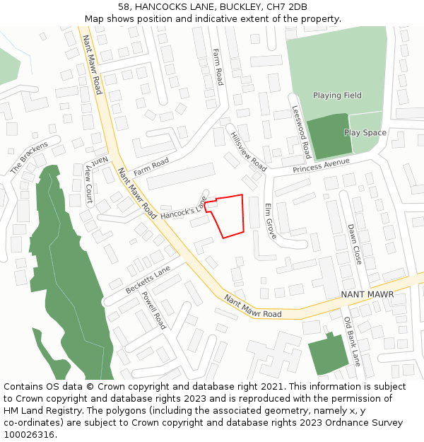 58, HANCOCKS LANE, BUCKLEY, CH7 2DB: Location map and indicative extent of plot