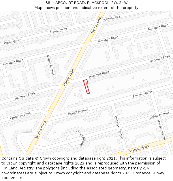 58, HARCOURT ROAD, BLACKPOOL, FY4 3HW: Location map and indicative extent of plot