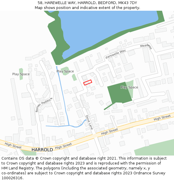 58, HAREWELLE WAY, HARROLD, BEDFORD, MK43 7DY: Location map and indicative extent of plot