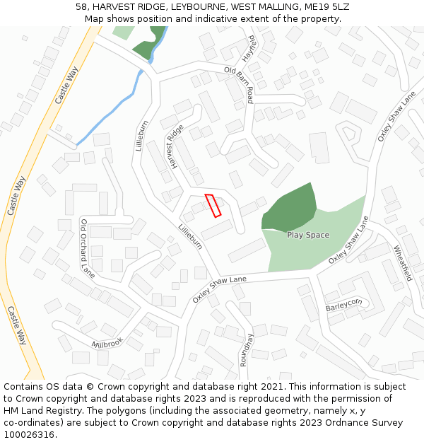 58, HARVEST RIDGE, LEYBOURNE, WEST MALLING, ME19 5LZ: Location map and indicative extent of plot