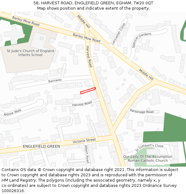 58, HARVEST ROAD, ENGLEFIELD GREEN, EGHAM, TW20 0QT: Location map and indicative extent of plot