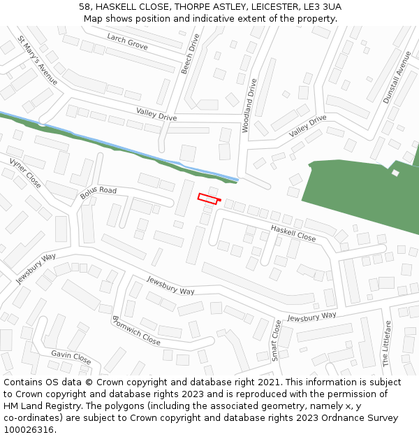 58, HASKELL CLOSE, THORPE ASTLEY, LEICESTER, LE3 3UA: Location map and indicative extent of plot