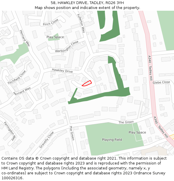 58, HAWKLEY DRIVE, TADLEY, RG26 3YH: Location map and indicative extent of plot