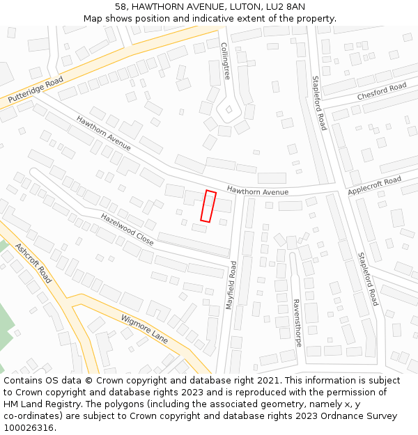 58, HAWTHORN AVENUE, LUTON, LU2 8AN: Location map and indicative extent of plot