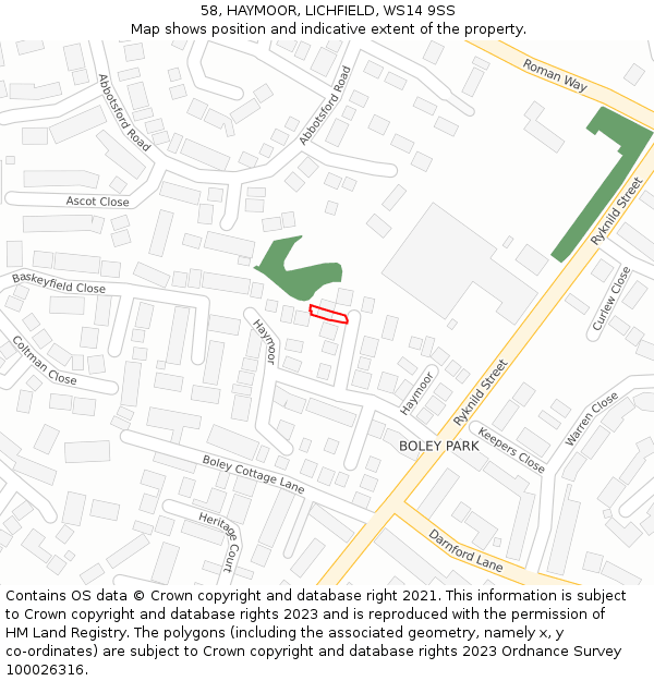 58, HAYMOOR, LICHFIELD, WS14 9SS: Location map and indicative extent of plot