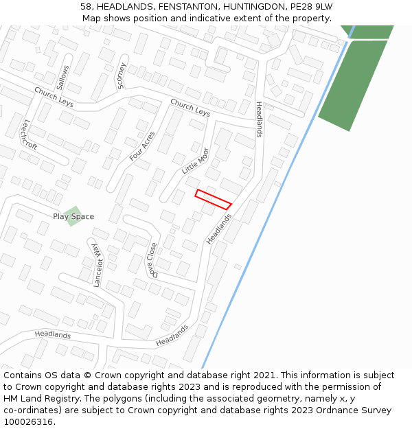 58, HEADLANDS, FENSTANTON, HUNTINGDON, PE28 9LW: Location map and indicative extent of plot