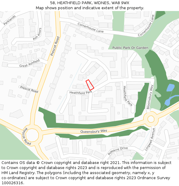 58, HEATHFIELD PARK, WIDNES, WA8 9WX: Location map and indicative extent of plot