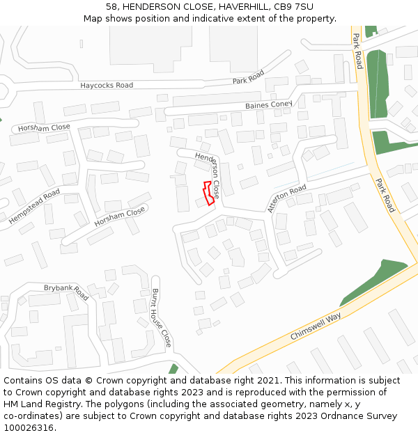 58, HENDERSON CLOSE, HAVERHILL, CB9 7SU: Location map and indicative extent of plot