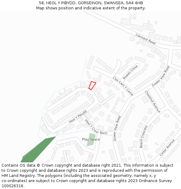 58, HEOL Y PIBYDD, GORSEINON, SWANSEA, SA4 4HB: Location map and indicative extent of plot