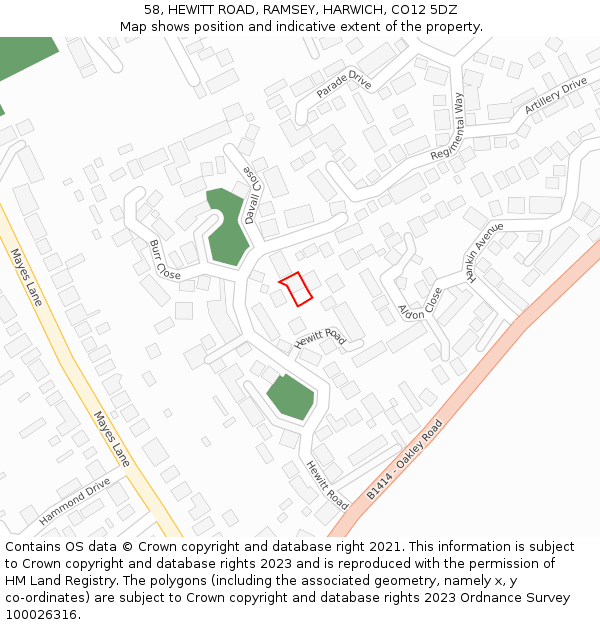 58, HEWITT ROAD, RAMSEY, HARWICH, CO12 5DZ: Location map and indicative extent of plot