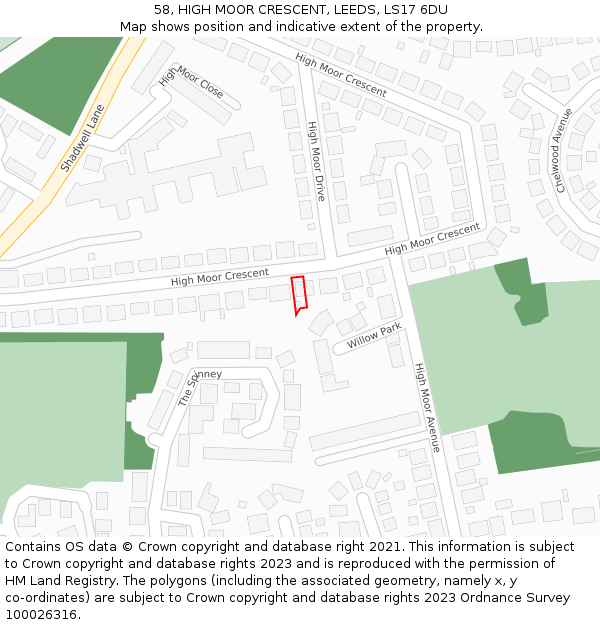 58, HIGH MOOR CRESCENT, LEEDS, LS17 6DU: Location map and indicative extent of plot