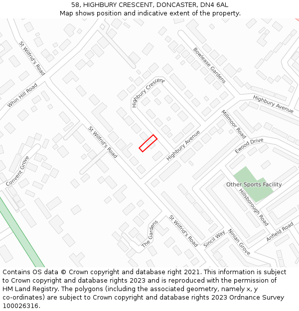 58, HIGHBURY CRESCENT, DONCASTER, DN4 6AL: Location map and indicative extent of plot