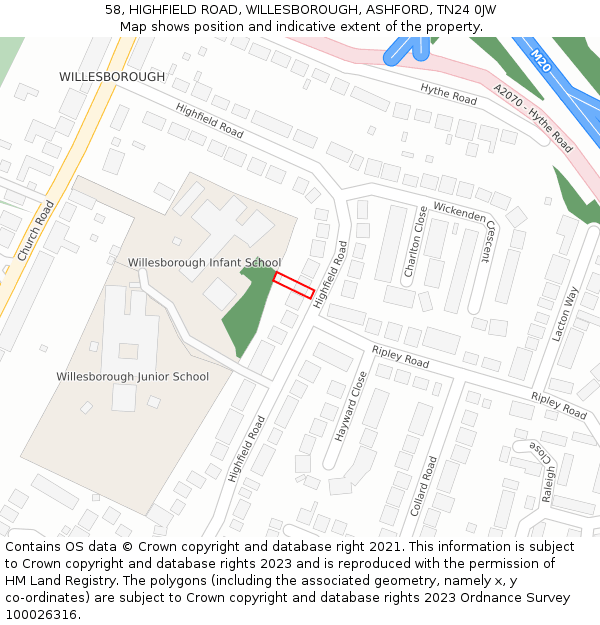 58, HIGHFIELD ROAD, WILLESBOROUGH, ASHFORD, TN24 0JW: Location map and indicative extent of plot