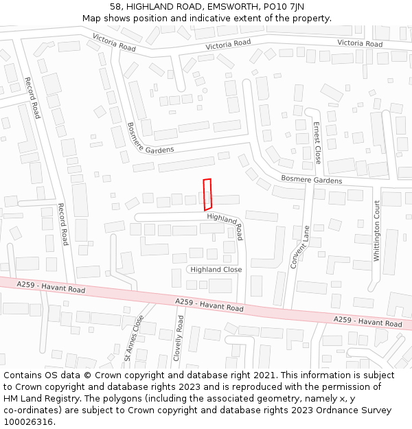 58, HIGHLAND ROAD, EMSWORTH, PO10 7JN: Location map and indicative extent of plot