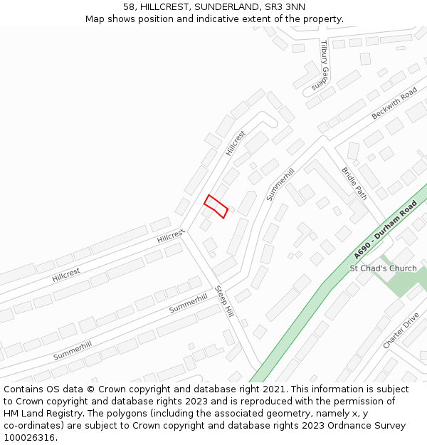 58, HILLCREST, SUNDERLAND, SR3 3NN: Location map and indicative extent of plot