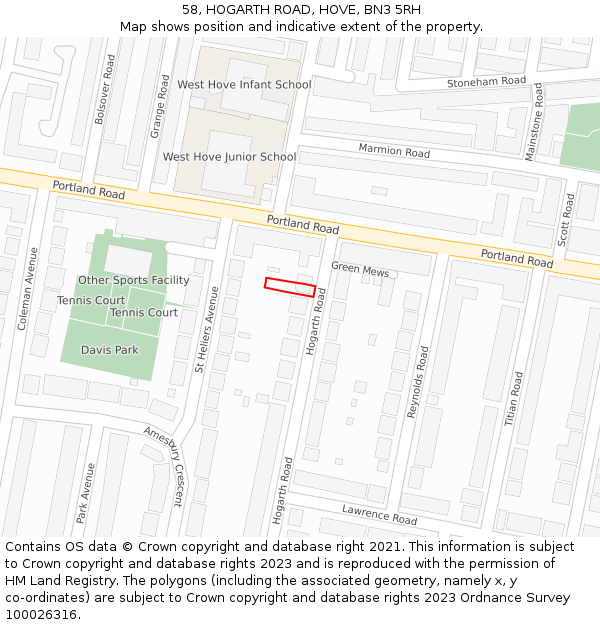 58, HOGARTH ROAD, HOVE, BN3 5RH: Location map and indicative extent of plot