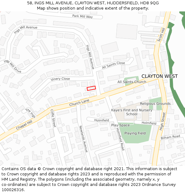 58, INGS MILL AVENUE, CLAYTON WEST, HUDDERSFIELD, HD8 9QG: Location map and indicative extent of plot