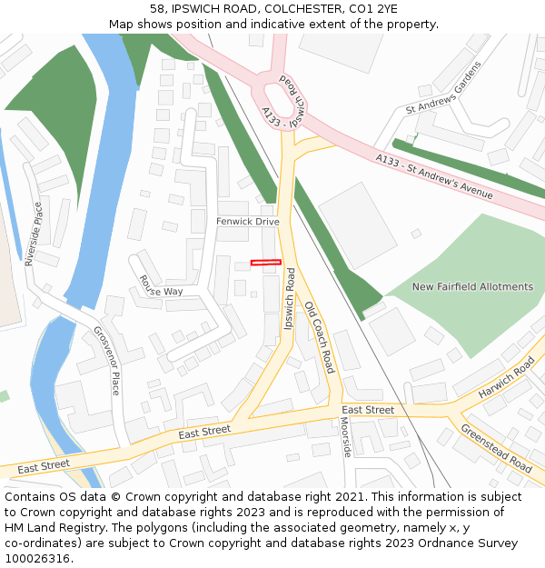 58, IPSWICH ROAD, COLCHESTER, CO1 2YE: Location map and indicative extent of plot