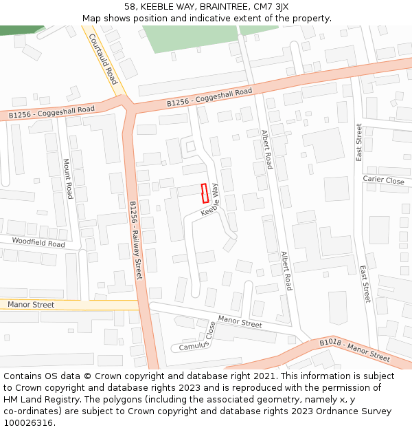 58, KEEBLE WAY, BRAINTREE, CM7 3JX: Location map and indicative extent of plot