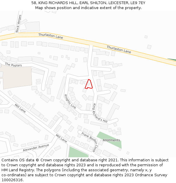 58, KING RICHARDS HILL, EARL SHILTON, LEICESTER, LE9 7EY: Location map and indicative extent of plot