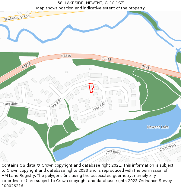 58, LAKESIDE, NEWENT, GL18 1SZ: Location map and indicative extent of plot