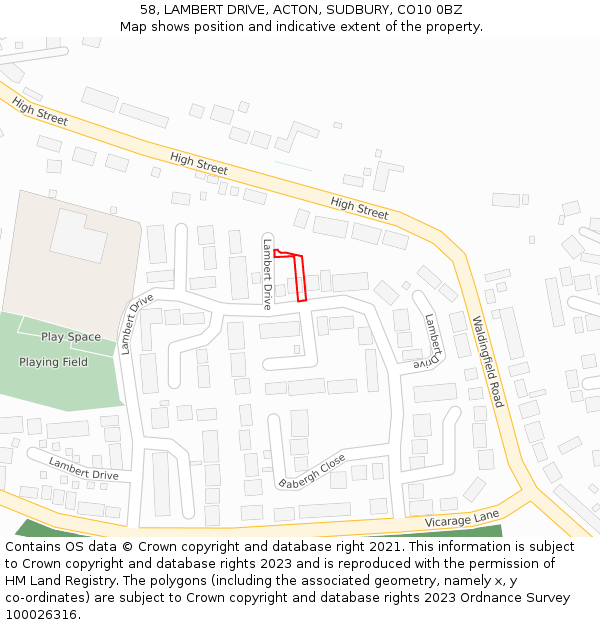 58, LAMBERT DRIVE, ACTON, SUDBURY, CO10 0BZ: Location map and indicative extent of plot