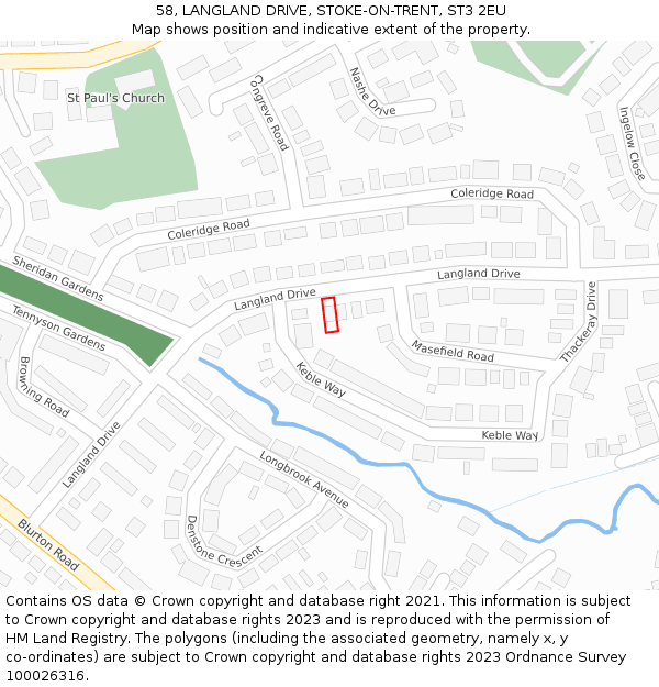 58, LANGLAND DRIVE, STOKE-ON-TRENT, ST3 2EU: Location map and indicative extent of plot
