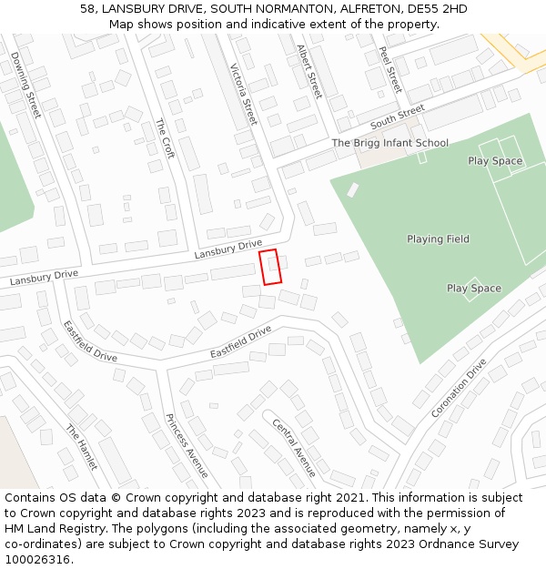 58, LANSBURY DRIVE, SOUTH NORMANTON, ALFRETON, DE55 2HD: Location map and indicative extent of plot