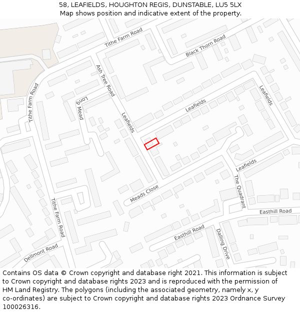 58, LEAFIELDS, HOUGHTON REGIS, DUNSTABLE, LU5 5LX: Location map and indicative extent of plot