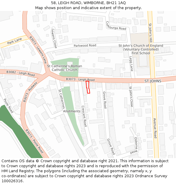 58, LEIGH ROAD, WIMBORNE, BH21 1AQ: Location map and indicative extent of plot