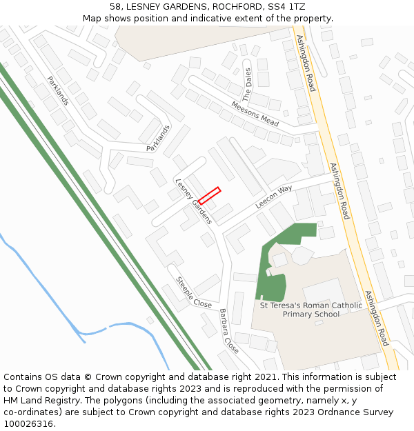 58, LESNEY GARDENS, ROCHFORD, SS4 1TZ: Location map and indicative extent of plot