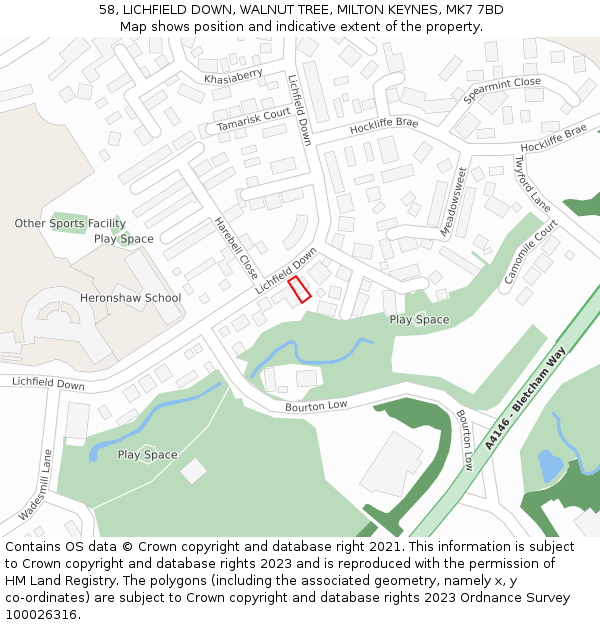 58, LICHFIELD DOWN, WALNUT TREE, MILTON KEYNES, MK7 7BD: Location map and indicative extent of plot