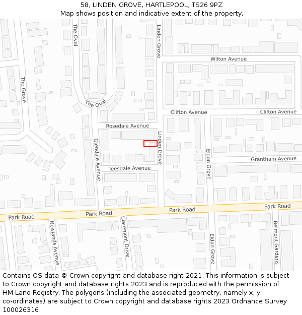 58, LINDEN GROVE, HARTLEPOOL, TS26 9PZ: Location map and indicative extent of plot