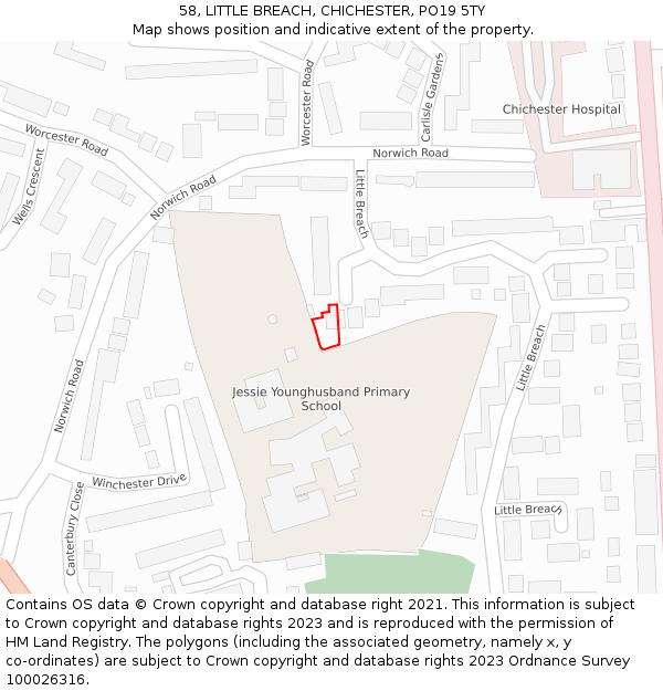 58, LITTLE BREACH, CHICHESTER, PO19 5TY: Location map and indicative extent of plot