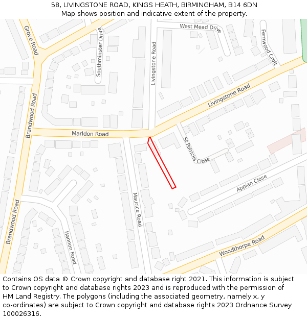 58, LIVINGSTONE ROAD, KINGS HEATH, BIRMINGHAM, B14 6DN: Location map and indicative extent of plot