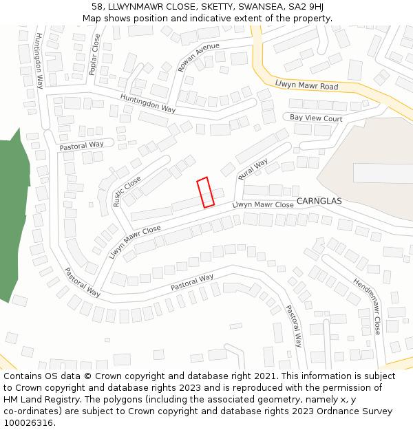 58, LLWYNMAWR CLOSE, SKETTY, SWANSEA, SA2 9HJ: Location map and indicative extent of plot
