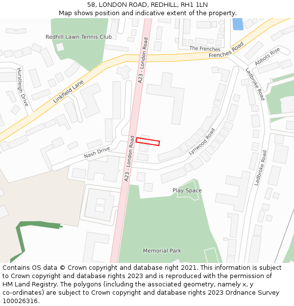 58, LONDON ROAD, REDHILL, RH1 1LN: Location map and indicative extent of plot