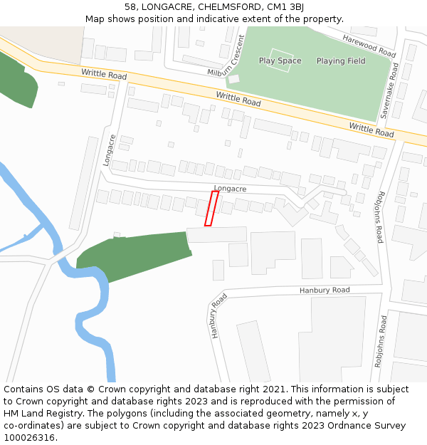 58, LONGACRE, CHELMSFORD, CM1 3BJ: Location map and indicative extent of plot