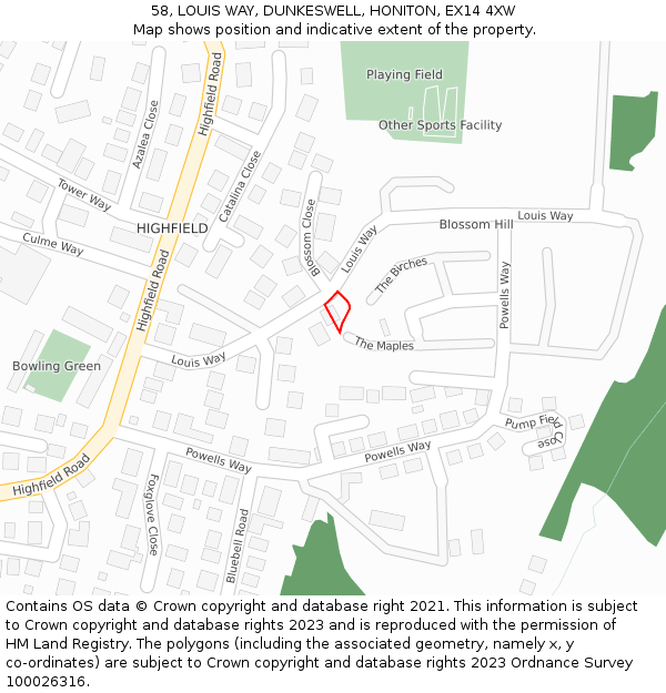 58, LOUIS WAY, DUNKESWELL, HONITON, EX14 4XW: Location map and indicative extent of plot