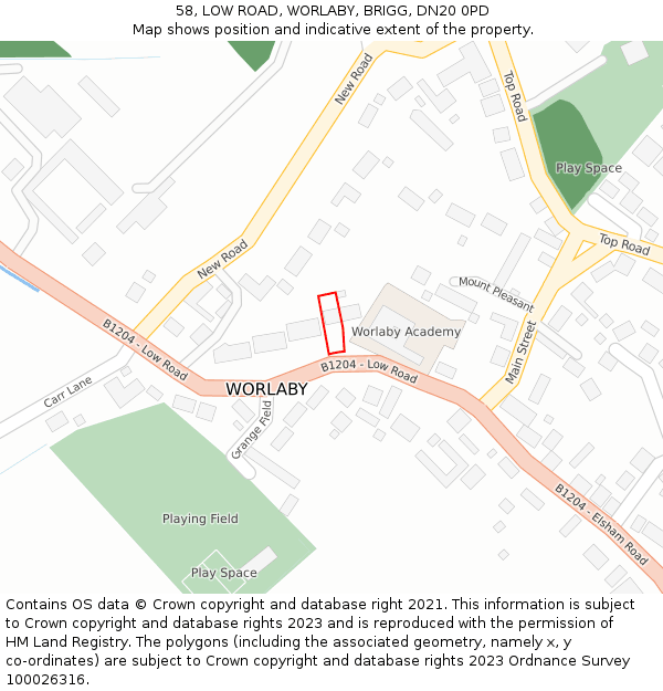 58, LOW ROAD, WORLABY, BRIGG, DN20 0PD: Location map and indicative extent of plot