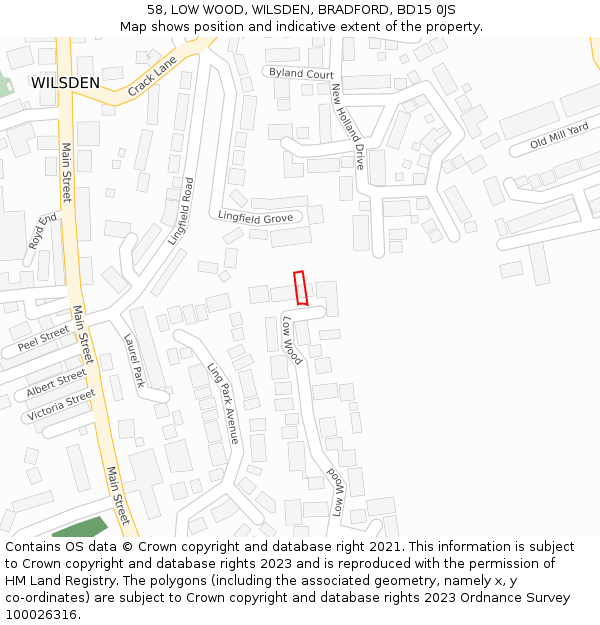 58, LOW WOOD, WILSDEN, BRADFORD, BD15 0JS: Location map and indicative extent of plot