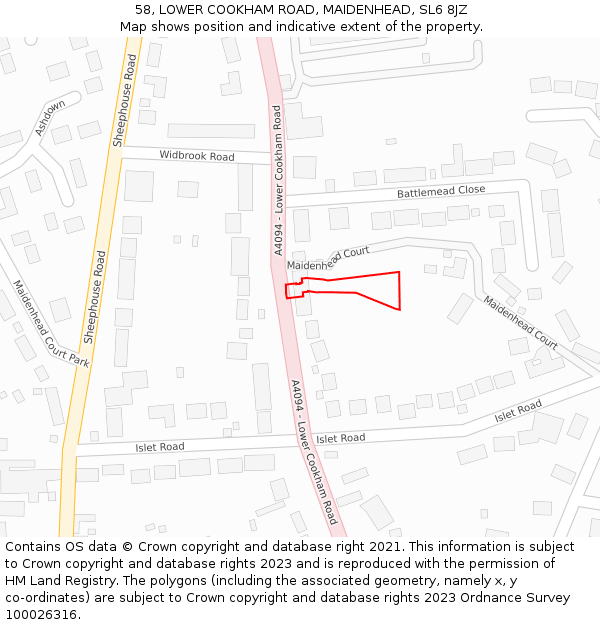 58, LOWER COOKHAM ROAD, MAIDENHEAD, SL6 8JZ: Location map and indicative extent of plot