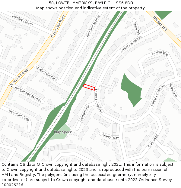 58, LOWER LAMBRICKS, RAYLEIGH, SS6 8DB: Location map and indicative extent of plot